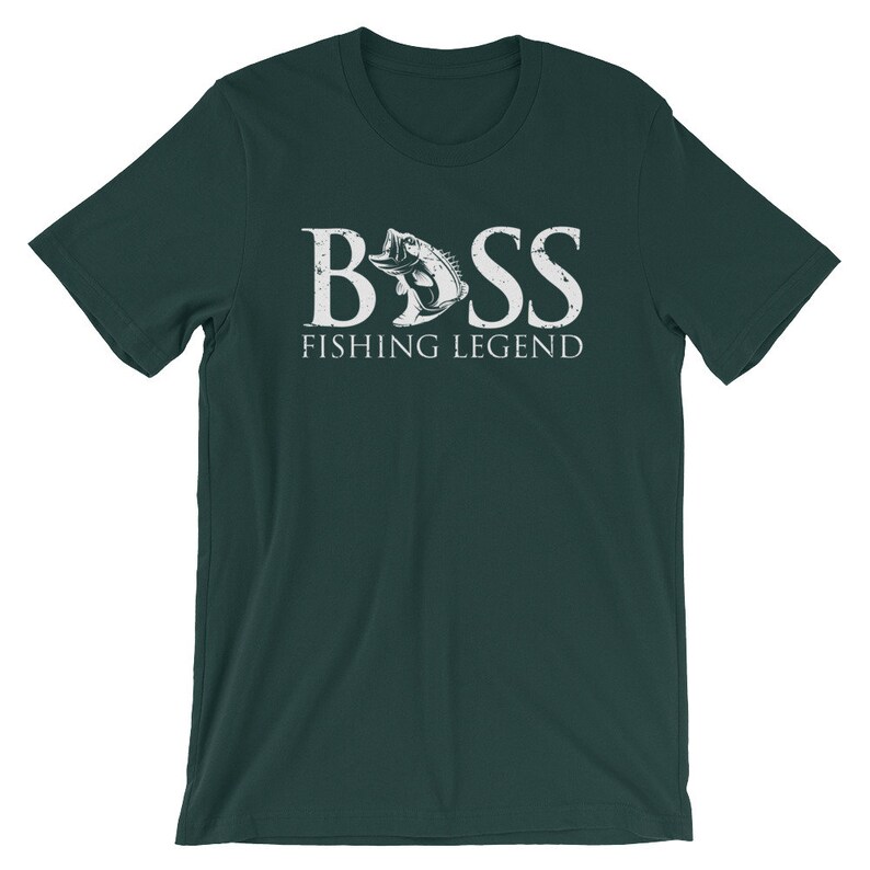 May include: A dark green t-shirt with a white graphic of a bass fish and the text "BASS FISHING LEGEND".