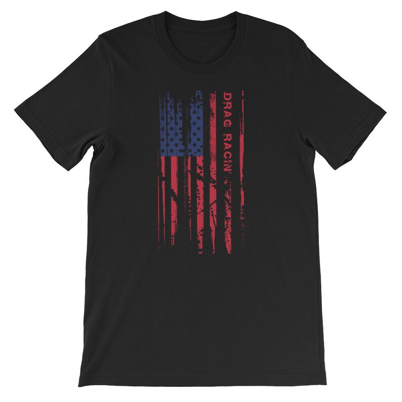 May include: Black t-shirt featuring a distressed American flag design and the text "DRAG RACIN'" in red.