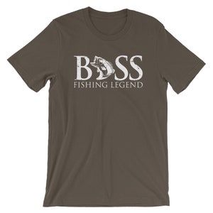 May include: A dark brown t-shirt with a white graphic of a bass fish and the text "BASS FISHING LEGEND".