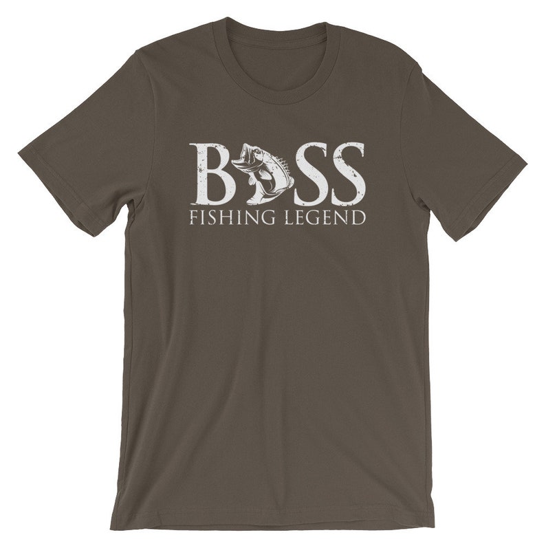 May include: A dark brown t-shirt with a white graphic of a bass fish and the text "BASS FISHING LEGEND".