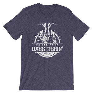 May include: A navy blue t-shirt with a white graphic of a fish on a hook with the text "I'd rather be bass fishin'"