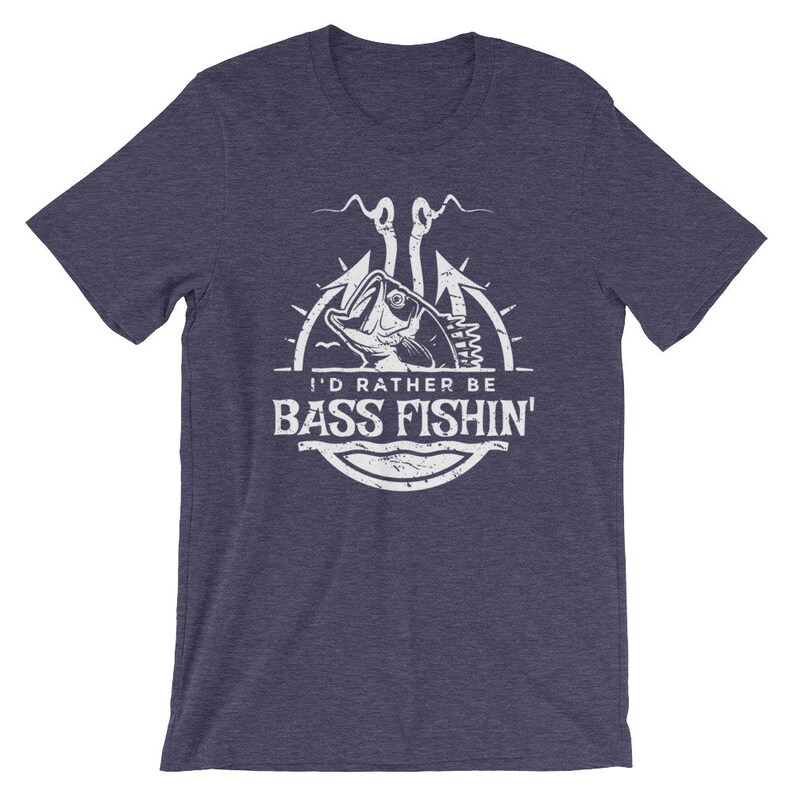 May include: A navy blue t-shirt with a white graphic of a fish on a hook with the text "I'd rather be bass fishin'"