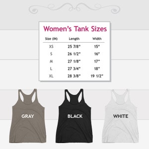 May include: A size chart for women's tank tops with measurements in inches. The chart shows the size, length, and width of the tank tops in sizes XS, S, M, L, and XL. The tank tops are shown in three colors: gray, black, and white.