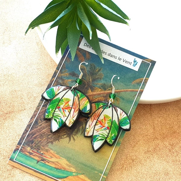 fleur de lotus boucles d'oreilles feuilles tropicales vertes en pâte polymère légères et fait main