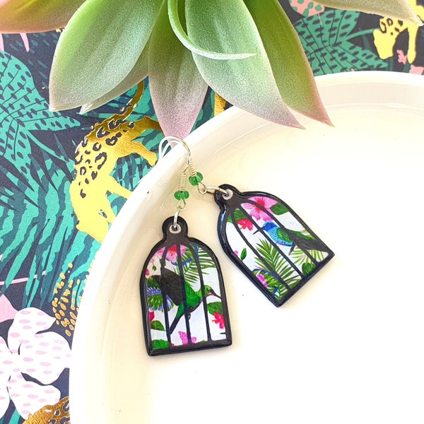 boucles d'oreilles cage à oiseau colibri vert et rose en argile polymère légères