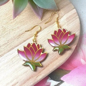 pink and white lotus flower earrings in original resin polymer