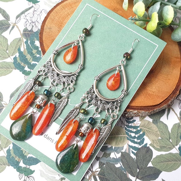 boucles d'oreilles bohèmes plume et pâte polymère vert et terracotta légères fait main