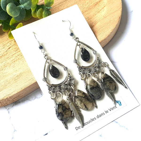 boucles d'oreilles bohèmes transparentes marbrées noir en pâte polymère légères