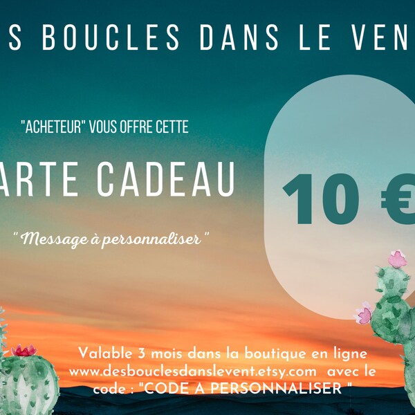 Carte cadeau à offrir pour toutes les occasions valable dans la boutique en ligne avec une durée de validité de 3 mois