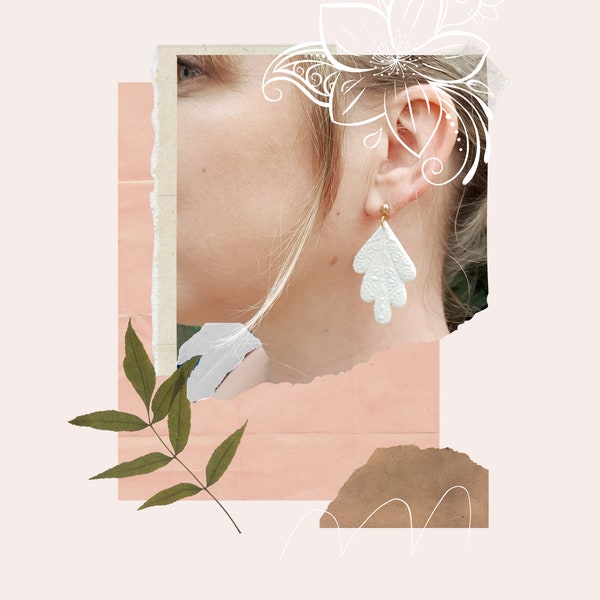 boucles d'oreilles mariée feuilles blanches texturées en pâte polymère légères et bohème faites main