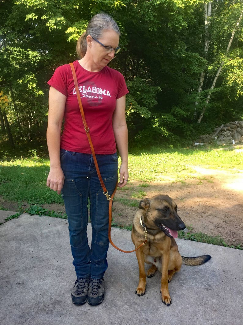 Service Dog Leash Black Hands Free Leather Brass Strong Leash Etsy
