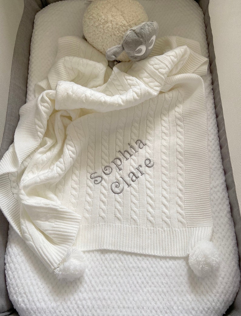 Personalised Cable Knit Baby Blanket Wrap With Pom Poms / New Baby / Baby Gift 