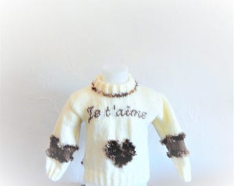 Pull laine écru/marron coeur jacquard taille 18/24 mois mode fille fait main