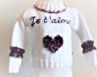 pull laine fille blanc avec jacquard coeur violet/or et je t'aime taille 2 ans fait main