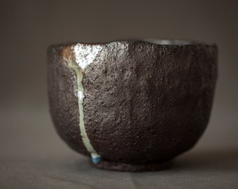 Tea Bowl Chawan Hand formed Black clay Wood fired Anagama Kiln Wood ash Glaze Japanese Styled Tea Ceremony