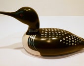 Hand Carved Wooden Common Loon Duck Decoy, Glass Eyes, Signed Jim Harkness, Stayner, Ontario, Hand Painted