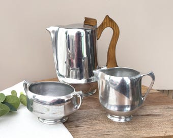 Vintage Picquot Ware Tea Set, Aluminium Teapot Jug Sugar Bowl, Mid Century