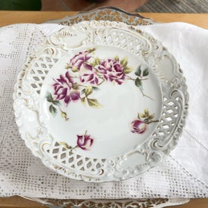 Antique Carlsbad Austria Porcelain Comport Cake Stand Pink Roses Pierced Edge