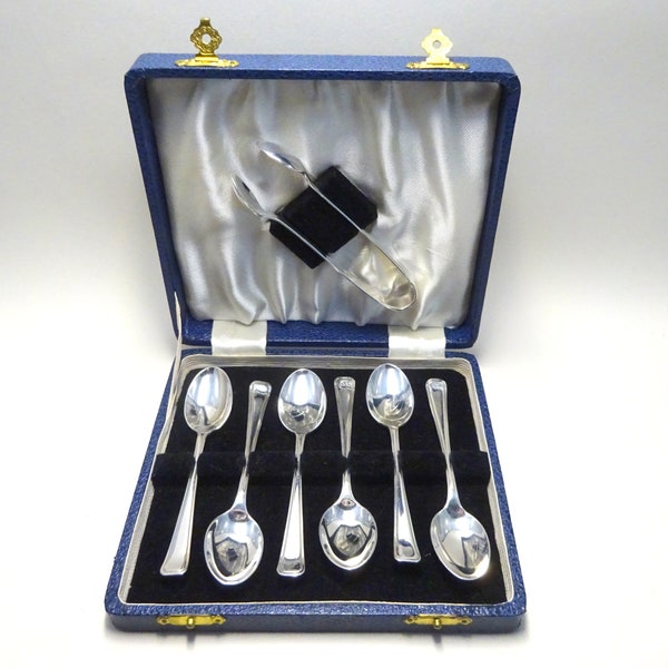 Small Teaspoons or Coffee Spoons and Sugar Tongs, Boxed Set, Set of 6, Matching Sugar Tongs, Silver Plate, Elegant Design