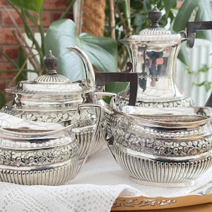 Antique Victorian 4 Piece Silver Plated Tea Coffee Set Wm Spurrier & Co, Ribbed and Ornate, Ebonised Handles, Late 1800s
