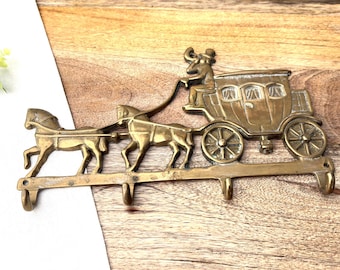 Vintage Brass Coat Rack, Horse and Carriage Hooks, Decorative Wall Hanger