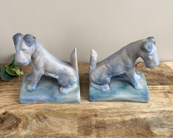 Bourne Denby Danesby Ware Terrier Bookends - Art Deco 1930s Dog Pair - Blue