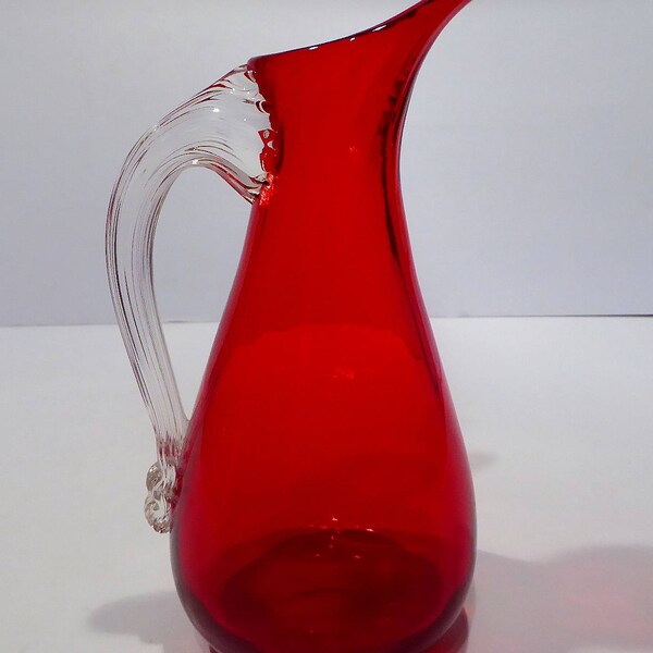 Whitefriars 9419 Ruby Red Glass Jug, Clear Glass Handle, 7ins