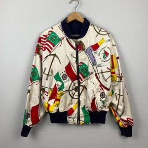 Vintage Sporutino Marines Navy Japanese Brand Baroque Luxury Riversible Jackets  Unisex Bomber Jacket Blue White Jacket Size M