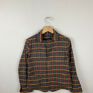 45rpm plaid tartan mandarin style jacket checked plaid tartan checkered wool medium Woolen jacket brown jacket size M