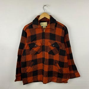Vintage Melton Checkered Tartan Checked Wool Blend  Mackinaw Jacket Red Black Size L