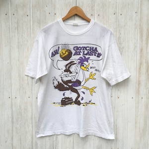 Camiseta vintage de los 90 con dibujos animados del Correcaminos y el Coyote (grande) / Camisetas de dibujos animados de Lonney Tunes (blanca, talla L)