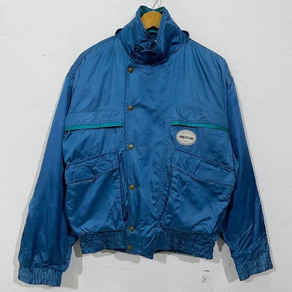 Vintage jaren '90 Shimano Vistuig Nexus Shimano Japans merk Windbreaker Bomber Bovenkleding Lightwight Windbreaker Jas Blauw Maat L