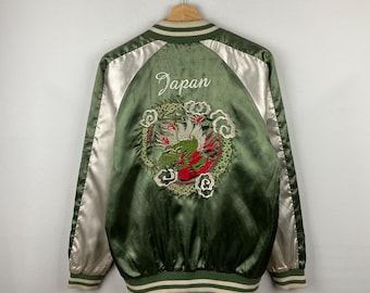Sukajan Dragon Medium  Jacket Vintage  Sukajan Tokyo Japanese Embroidery Satin Bomber Jacket Green  Size M