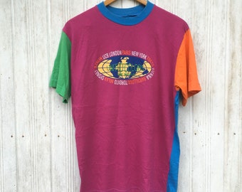 Vintage 90s United Colors Of Benneton Pequeño Bloque de Color Multicolor Benneton One World Hippie Hip Hop Streetwear Top Camisetas Camiseta Tamaño S