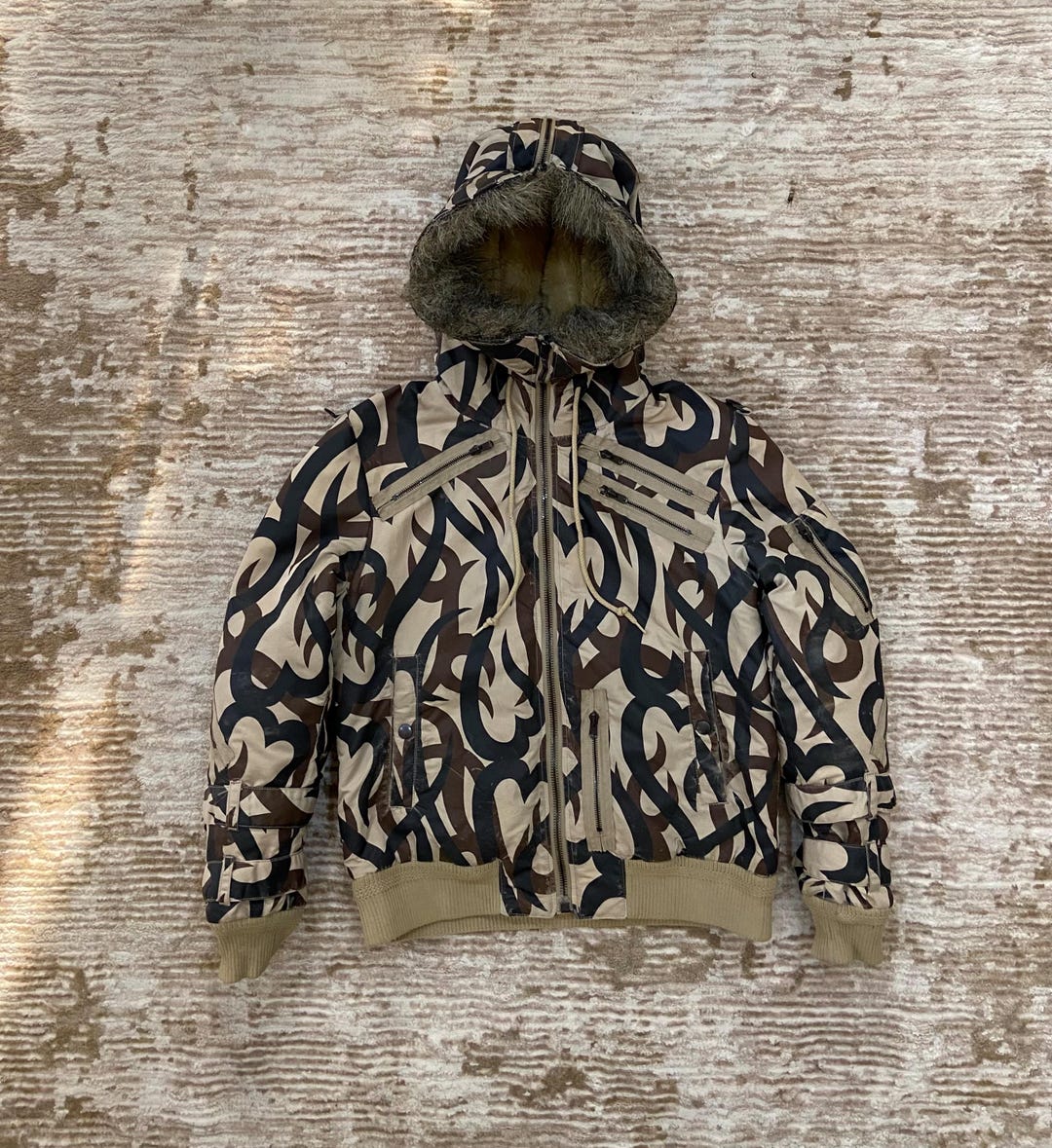 AW04 NUMBER (NINE) Tribal Camo Puffer Hooded Faux WINTERJACKET
