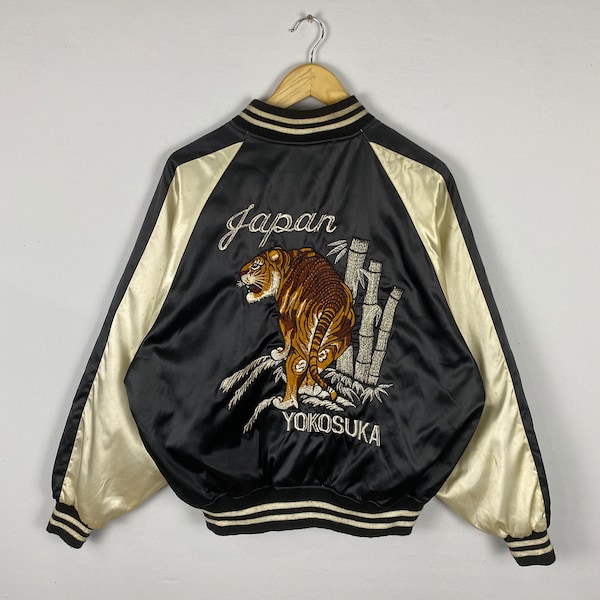 Vintage Tigers Souvenir Jacket Vintage 90s Sukajan Tokyo Japanese Embroidery Sukajan Satin Bomber Jacket Size L