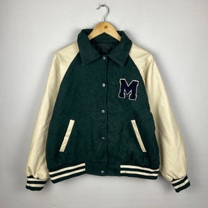 Vintage Varsity Leather Wool Jacket Medium  Wool Varsity Streetwear  Jacket Green Size M