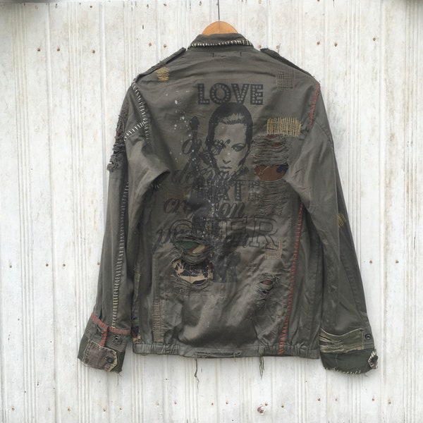 Veste de campagne militaire punk faite main de création japonaise surdimensionnée, parka vieillie, taille L