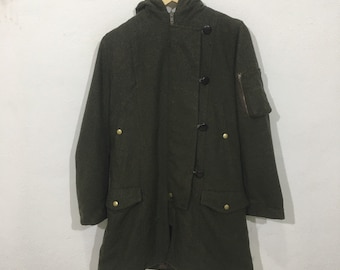 Veste trench japonaise Shuca Global Work Grand trench-coat vintage en laine Shuca Japon vert taille L