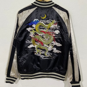 Vintage Studio Hiro Dragon Jacket Vintage 90s Sukajan Fuji Tokyo Japanese Embroidery Sukajan Satin Bomber Jacket Size M