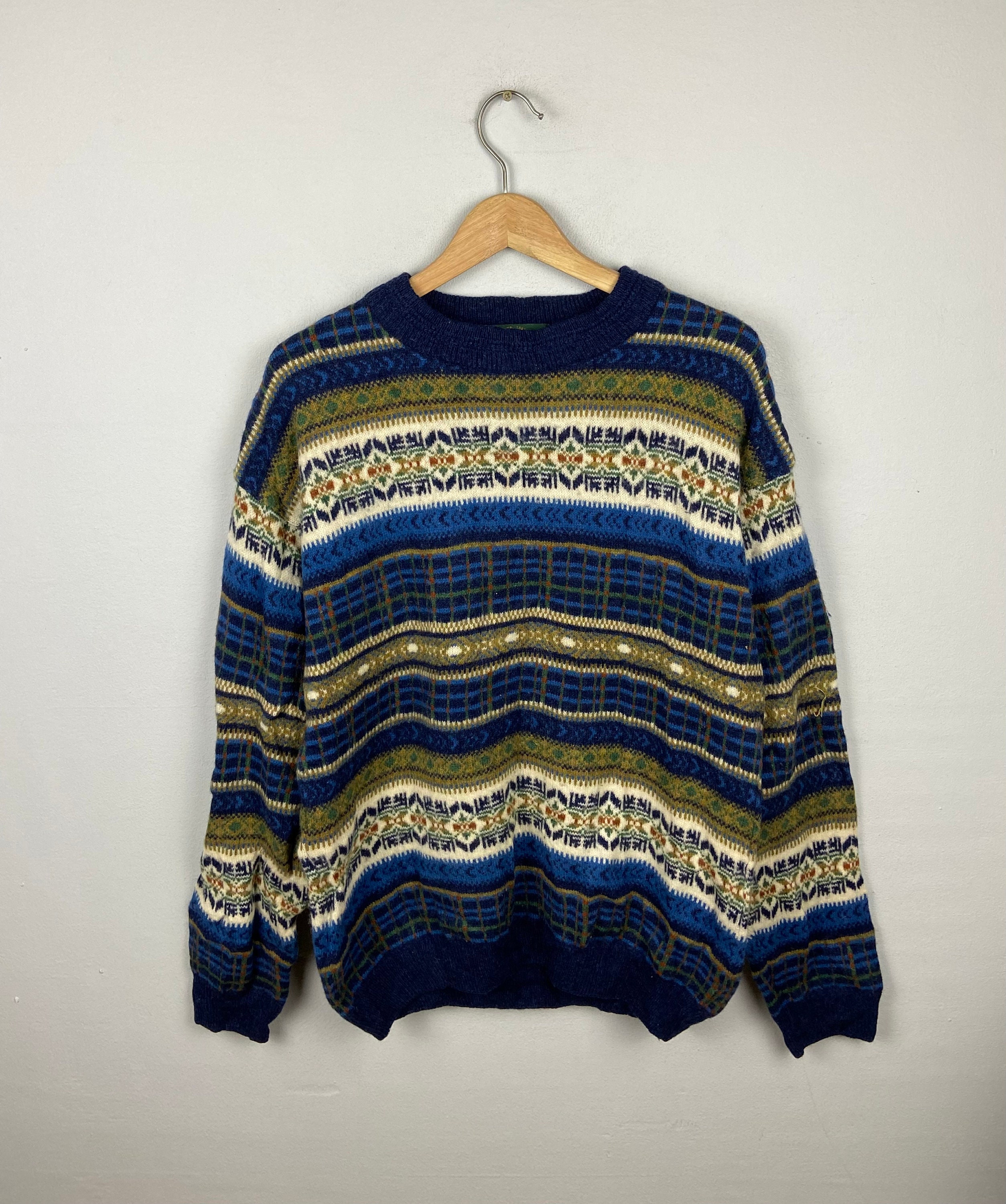 Vintage Glenfeddich Jumperknit Knitwear Wool  Sweater Large  Pull Over Woolen Aztec Abstract Navajo Crewneck Lambwool  Sweater Size L