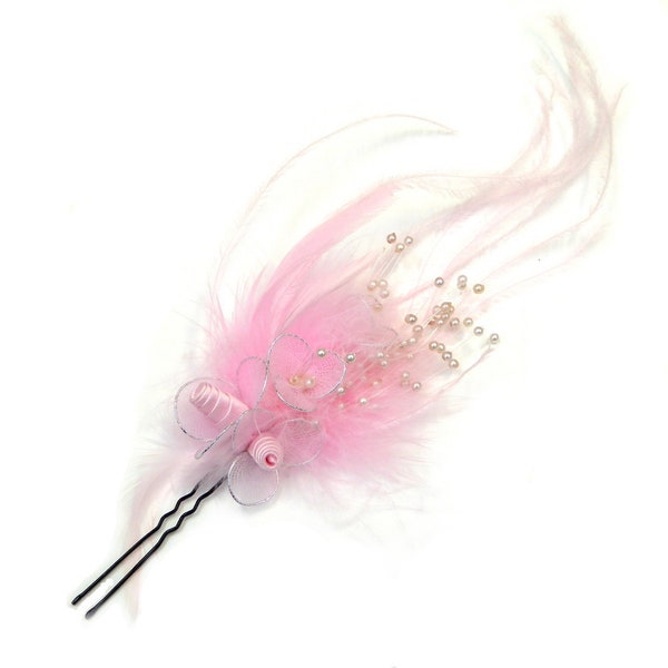 Rougecaramel - Epingle chignon / épingle cheveux plumes et perles pour mariage - rose