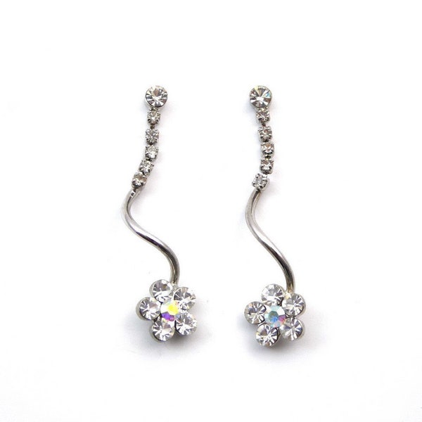 Boucles d'oreilles pendantes fleur métal et strass