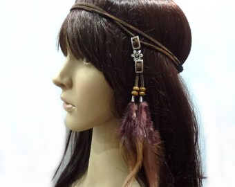 Headband bijoux de tête style hippie en plume et cuir