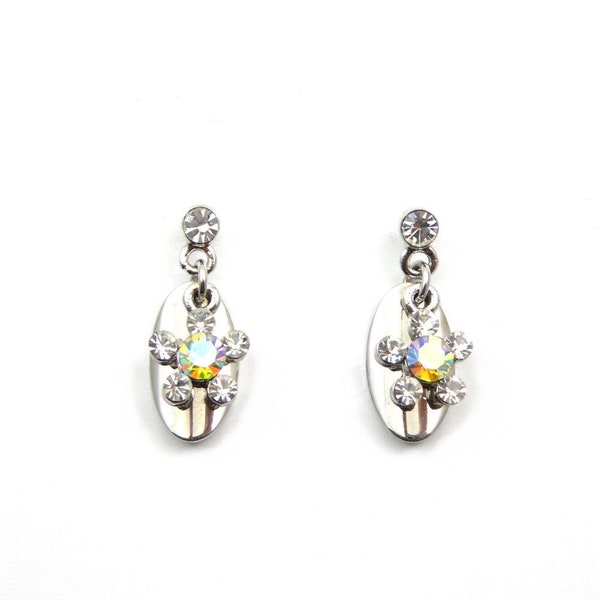 Boucles d'oreilles pendantes métal et fleur en strass