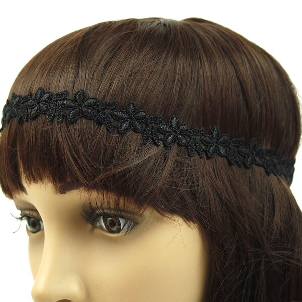 Rougecaramel - Headband bandeau tissu dentelle motif fleur - noir