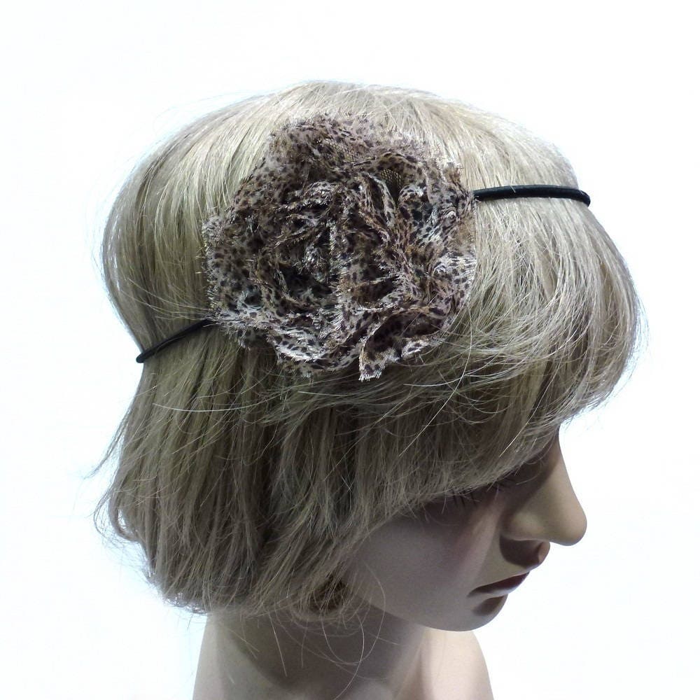 Headband Élastique Bandeau Grosse Fleur Imprimé Panthère Marron.