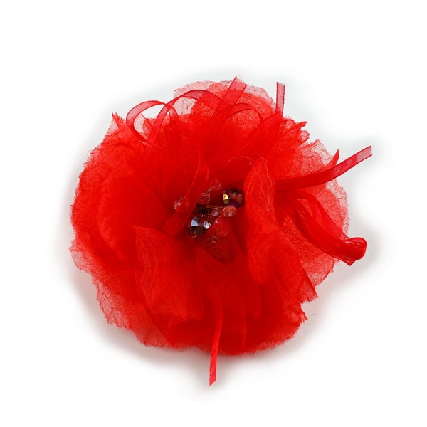 Broche ou pince à cheveux fleur en tissu mousseline 10.5cm