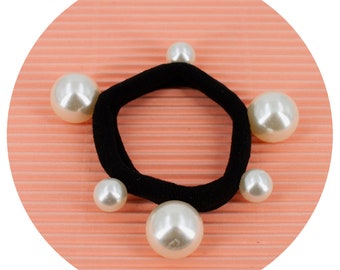 Rougecaramel - Lot de 2 élastique cheveux ou bracelet noir avec perles nacrées cloûtées