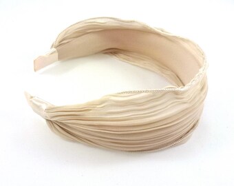 Serre tête/headband/large plissé façon bandeau en tissu mousseline - beige